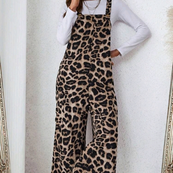 Women's Casual Leopard Print Pocket Loose Jumpsuit Cheetah Print - Picture 1 of 6